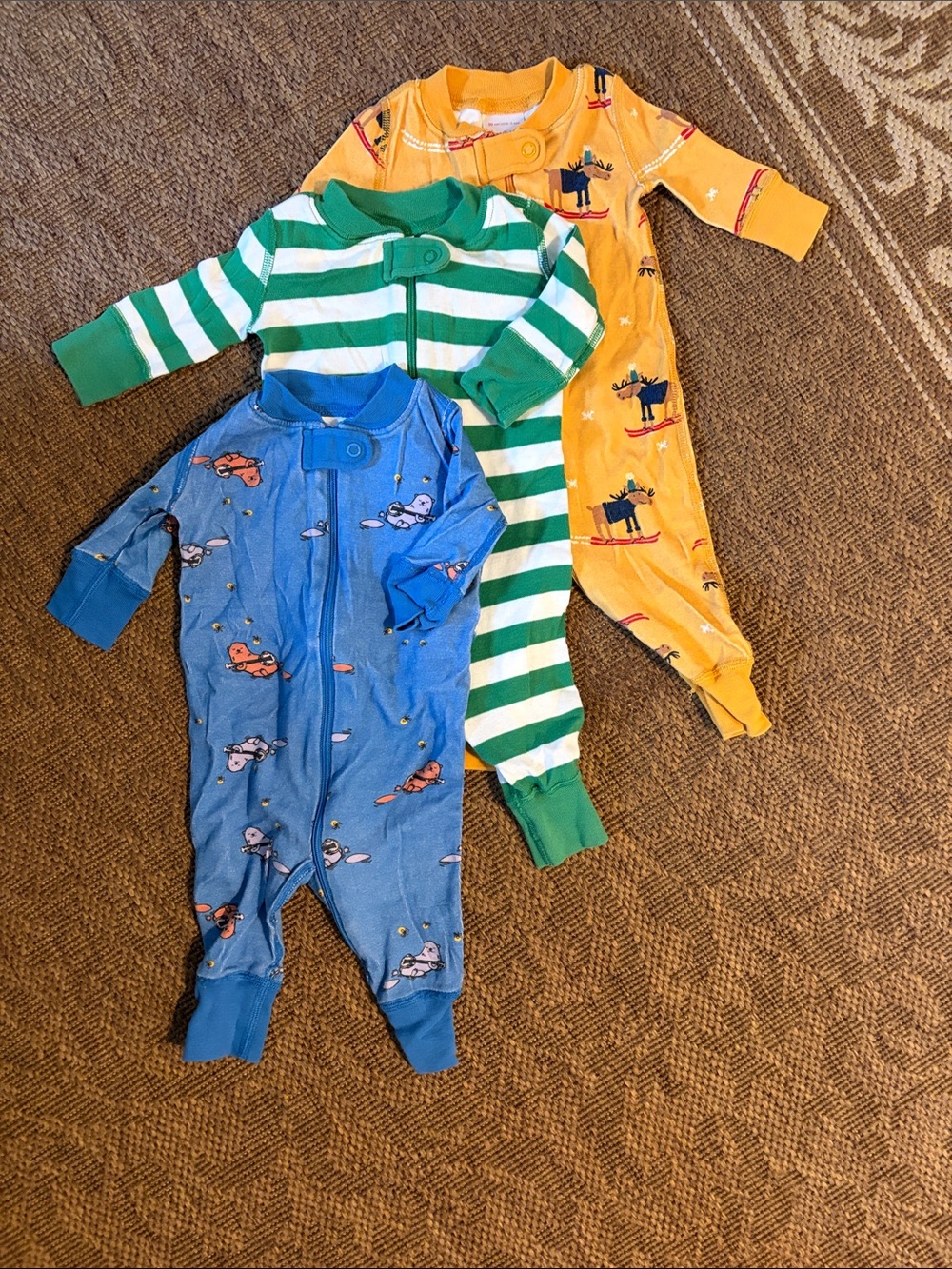 Hanna Andersson 3-Pack bundle Cotton Rompers. Otters! Moose! Stripes!